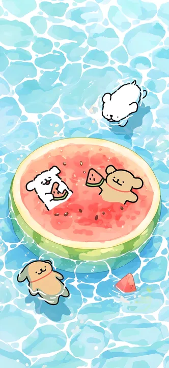 Dogs on watermelon in pool