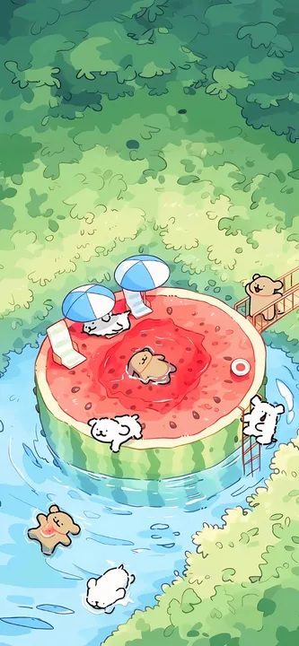Dogs swimming in a watermelon pool