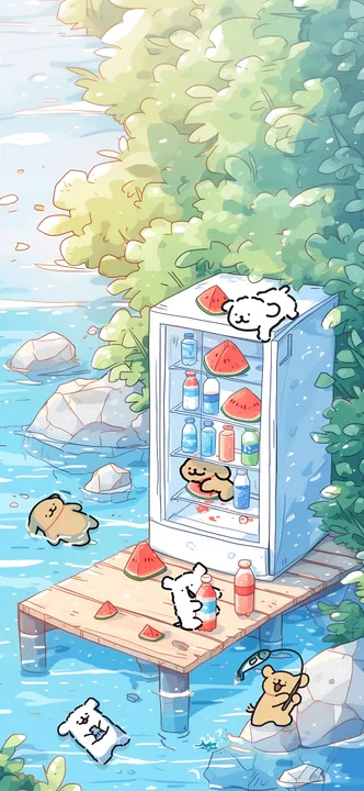 Dogs with fridge by river