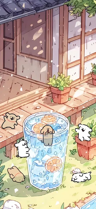 Dogs with iced drink on porch