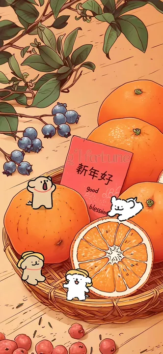 Dogs with oranges and good fortune note