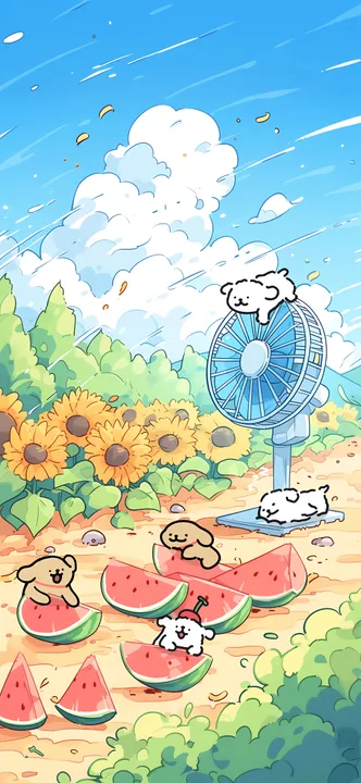 Dogs with watermelon and fan