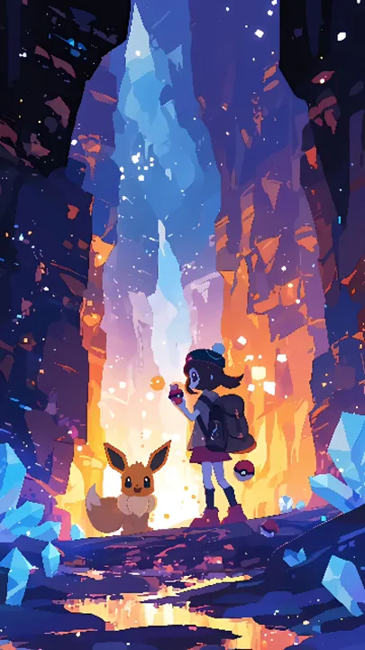 Eevee and trainer in a glowing cave