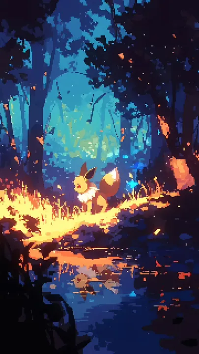 Eevee in a glowing forest