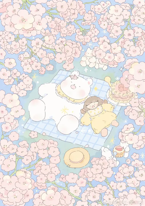 Girl sleeping on bear with cherry blossoms