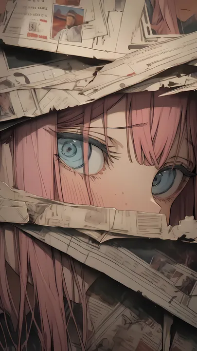 Girl with pink hair behind newspapers
