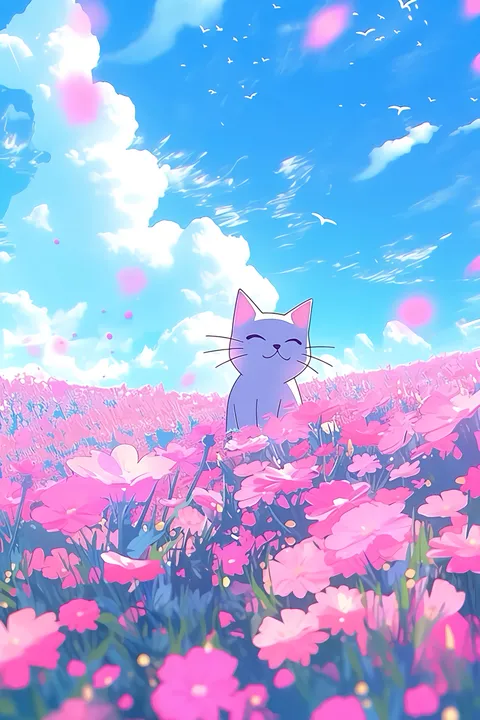 Gray Cat in Pink Blossom Field