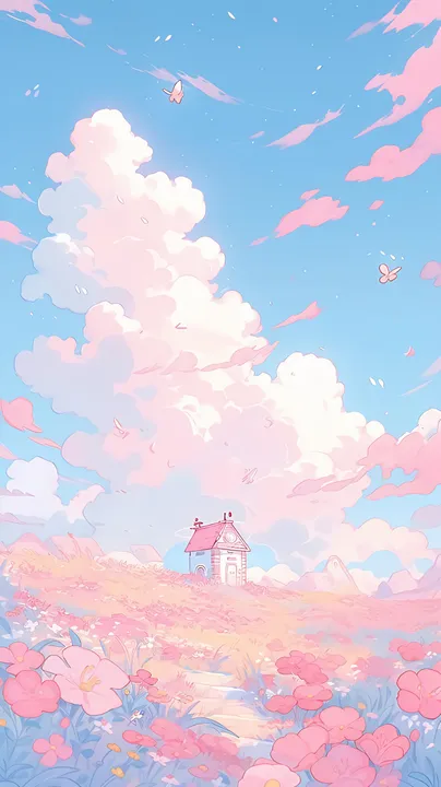 House in pink flower field with clouds