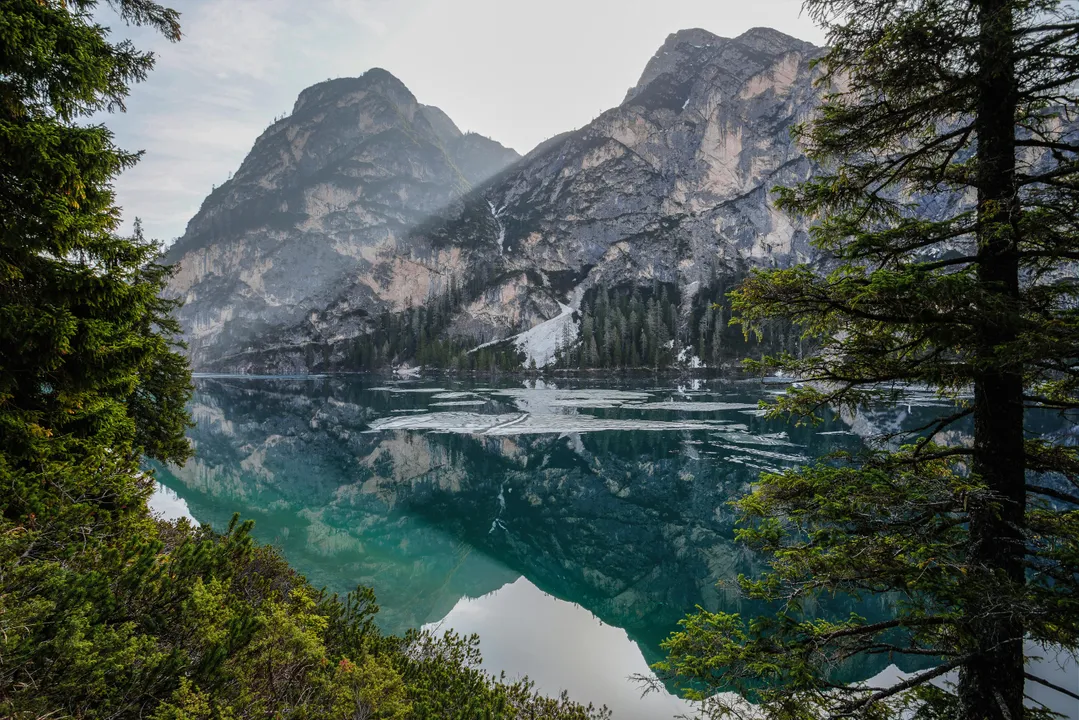 Lake reflecting mountains