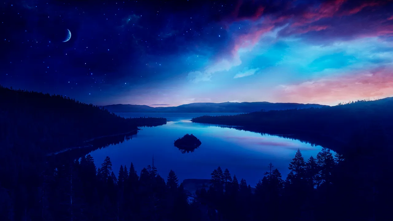 Lake with island under starry sky