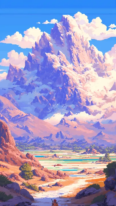 Mountain valley with a traveler