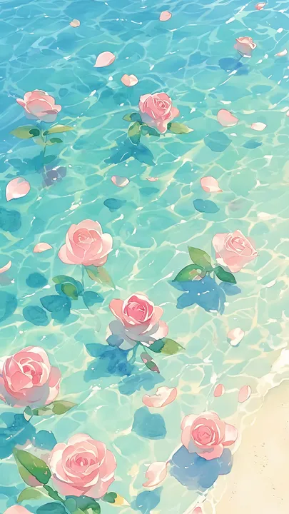 Ocean with floating pink roses