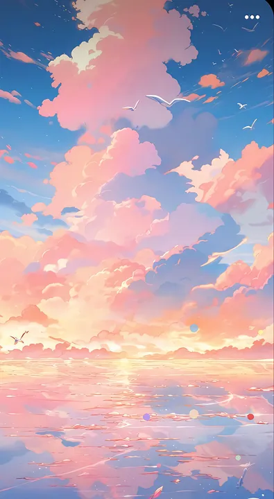 Ocean with pink clouds at sunset