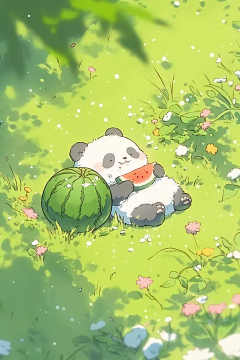 Panda eating watermelon in a field