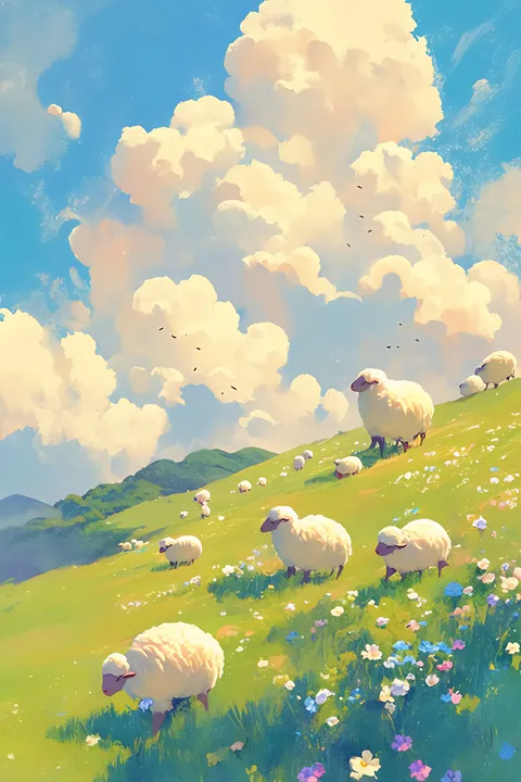 Sheep in a flowery meadow