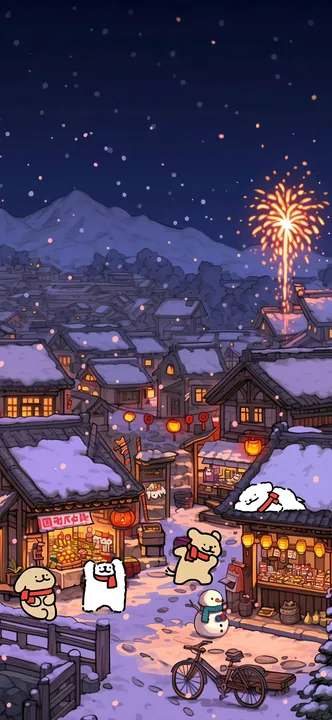Snowy village with fireworks