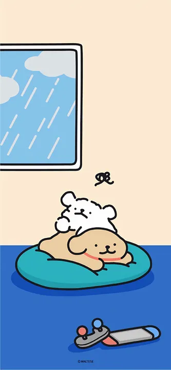 Two dogs on a bed with rain outside