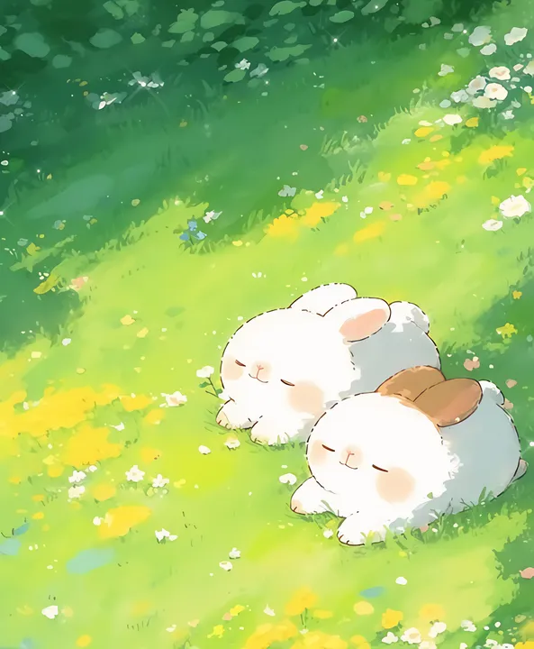 Two rabbits napping in a field of flowers
