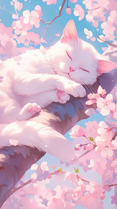 White Cat Napping on a Sakura Tree