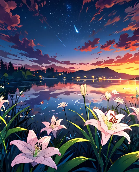 Lake With Flowers at Sunset